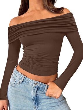 Off-Shoulder Brown Long Sleeve Women's Top